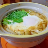 カクテキの素でホットに♪玉子キムチ鍋焼きうどん♡